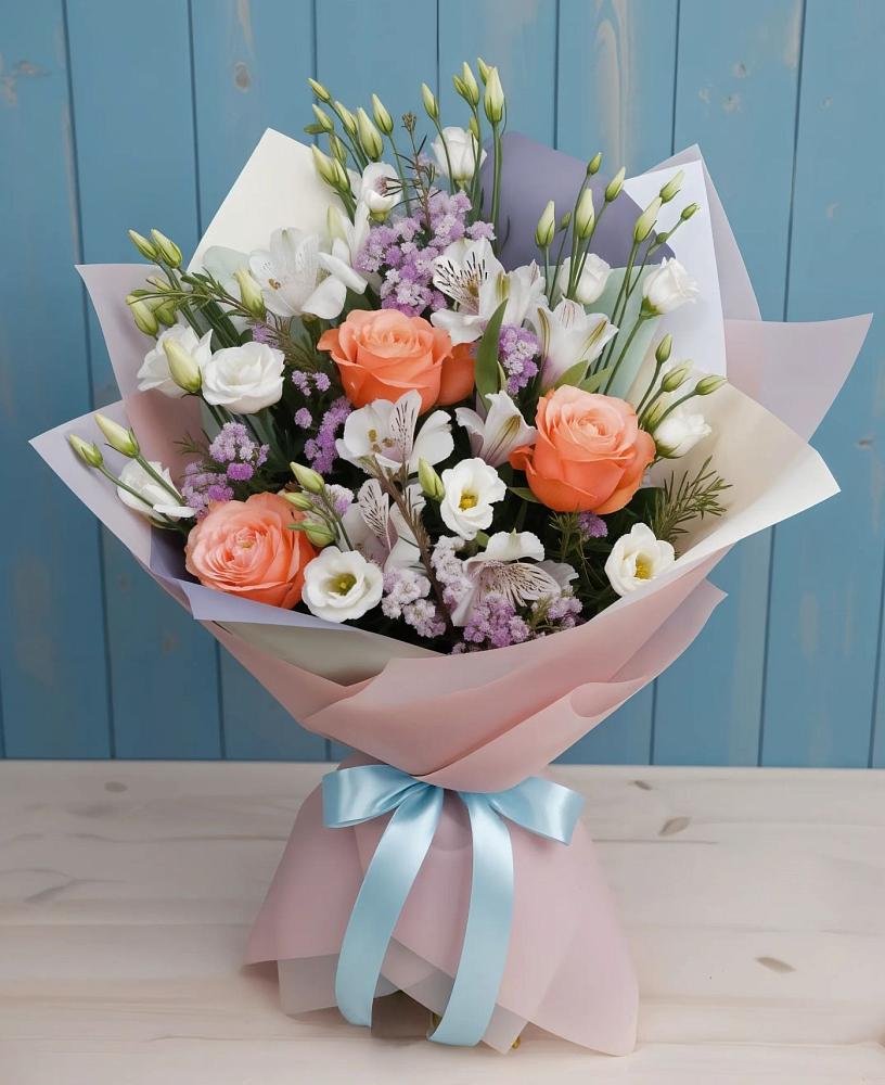 Букет цветов из: Лизиантусы, Розы, Альстромерии и Гипсофила в Дядьковской