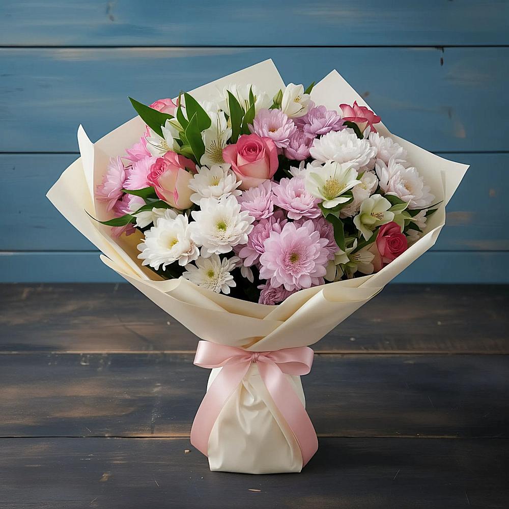 Букет цветов из: Хризантемы, Альстромерии и Розы в Дядьковской